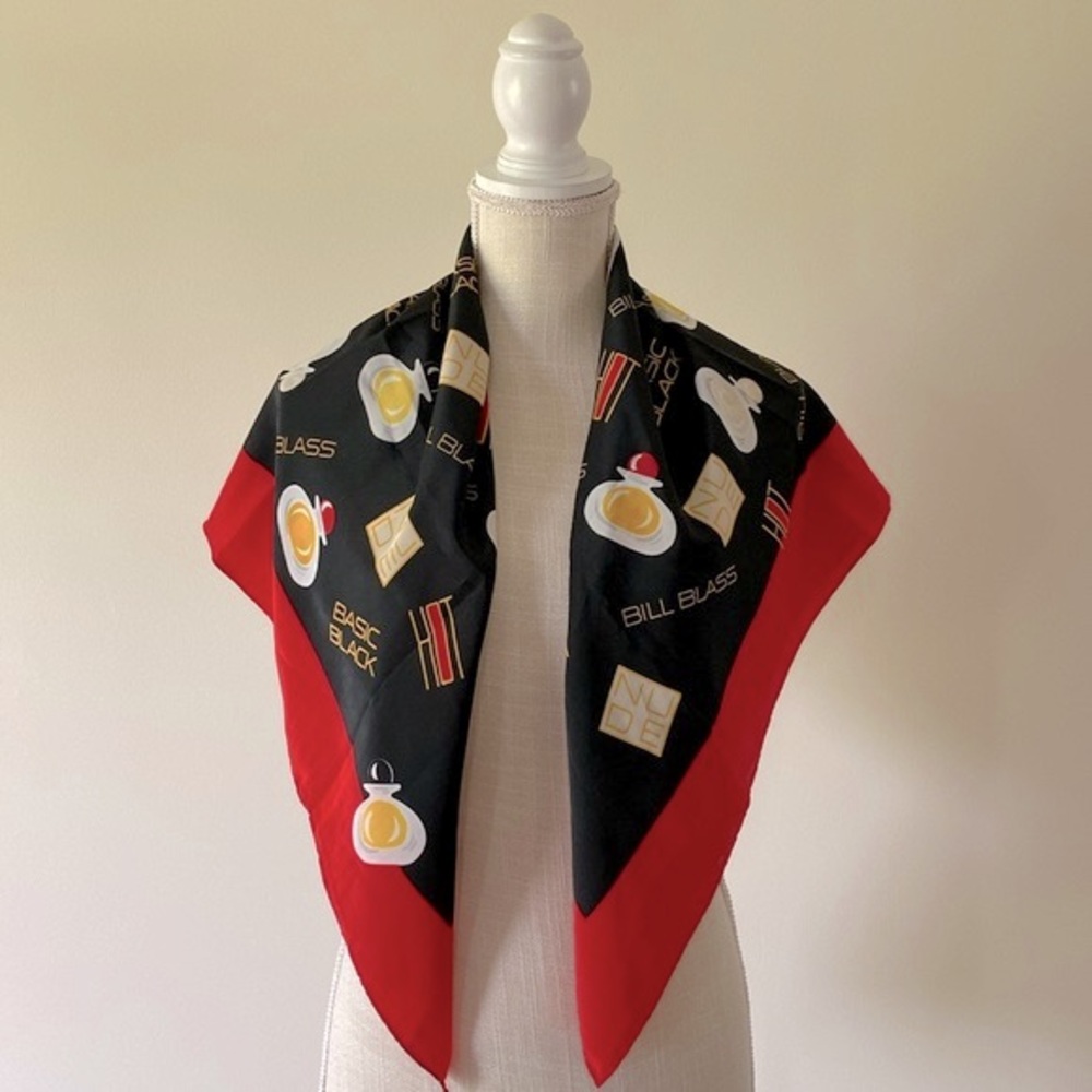 Bill Blass vintage square red & black chic perfume bottle silky scarf sz 34.5”